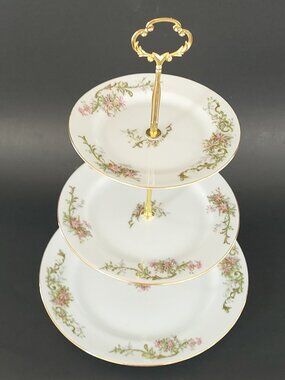 Vintage Limoges 3-Tier Cake Stand Handmade Fine French Porcelain Pink Rose Gold